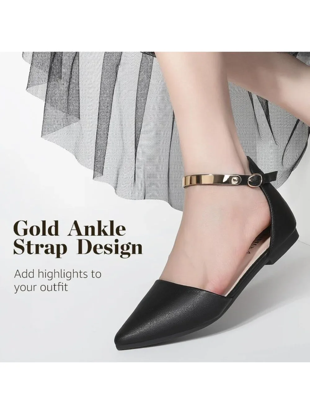Women's Black PU Suede Pointed Toe Flats Fancy Gold Ankle Strap Rhinestone Shoes